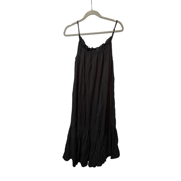 J.Crew Black Maxi Dress Sleeveless Cotton Blend Ruffle Neck Smock Small Medium - Picture 1 of 10